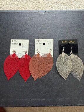 Red, Brown & Silver Leaf Drop Earrings Set